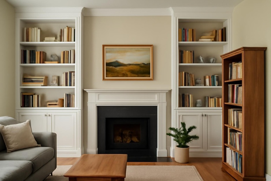 A living room showing built-in shelves flanking a fireplace and a freestanding bookcase nearby