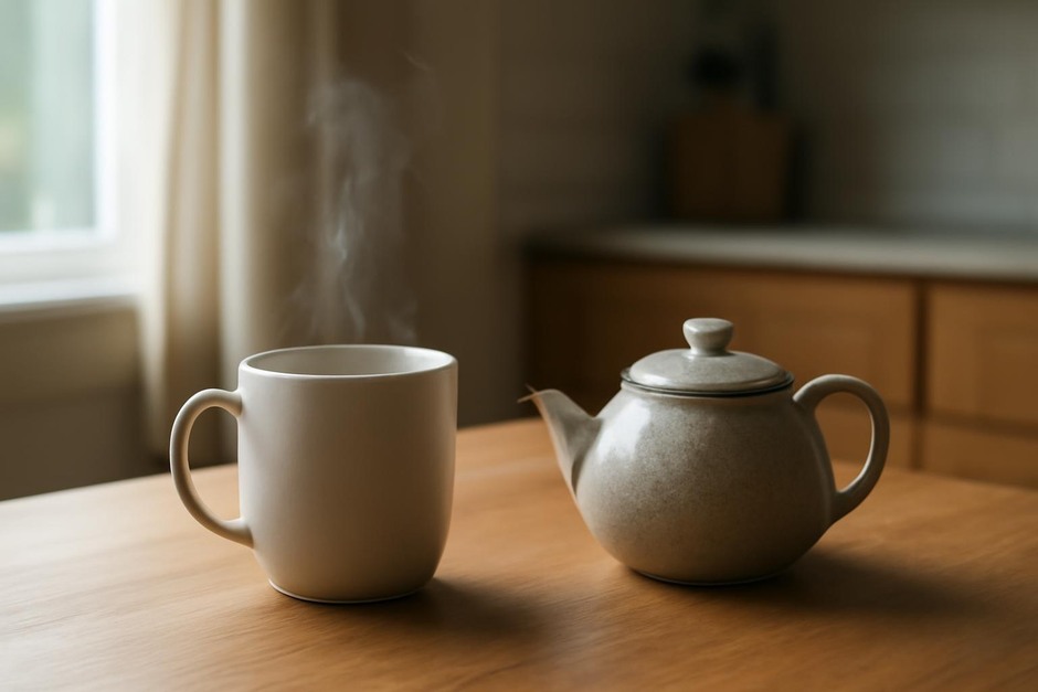 A steaming cup beside a small teapot on a peaceful kitchen table
